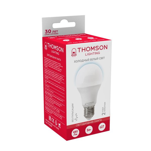 Лампа светодиодная THOMSON 5Вт Е27 груша 6500К свет холодный белый