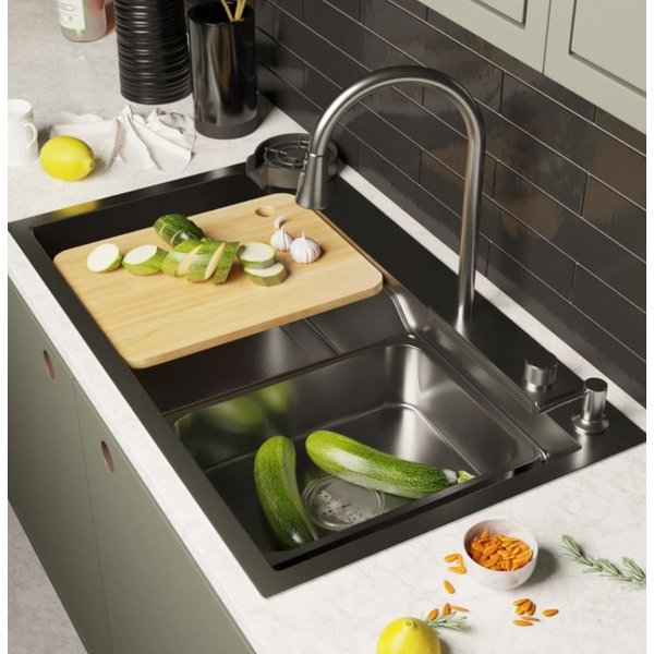 Мойка кухонная врезная MIXLINE PRO 750х460х215мм прямоугольная,нерж.сталь, графит, с сифоном+дозатор+смеситель