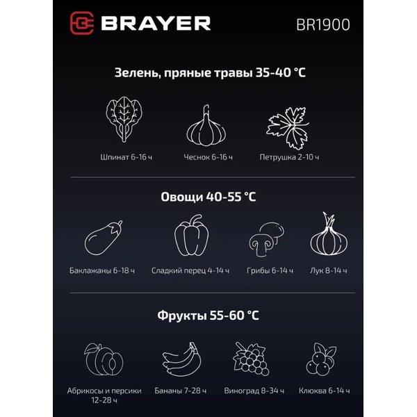 Электросушилка для овощей и фруктов Brayer BR1900 240Вт, 5 поддонов