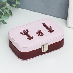 Шкатулка кожзам для украшений Кактусы нежно-розовая 5х15х10см