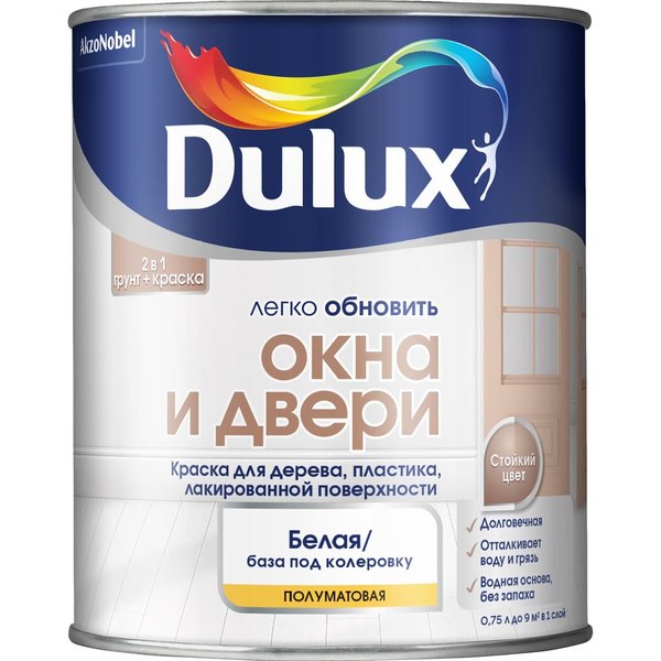 Краска Dulux Окна и Двери полуматовая белая BW (0,75л)