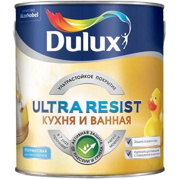 Краска Dulux Ultra Resist Кухня и ванная полуматовая белая (2,5л)